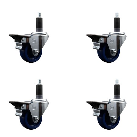 Service Caster 3'' Solid Poly Swivel 1-1/8'' Expanding Stem Caster Set with Brake, 4PK SCC-EX20S314-SPUS-PLB-118-4